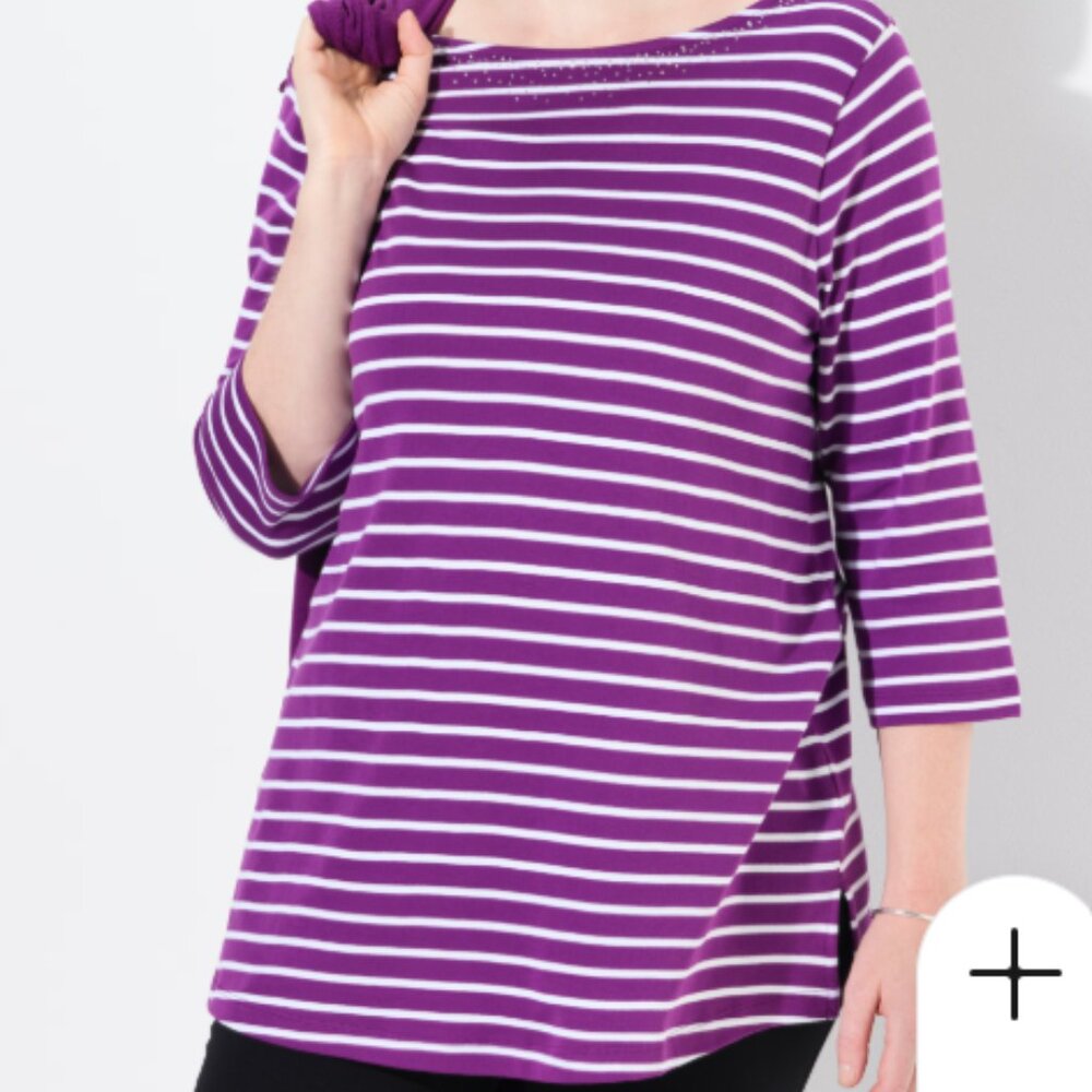 Ulla Popken Striped Pima Cotton 3/4 Sleeve Tee 28/30
